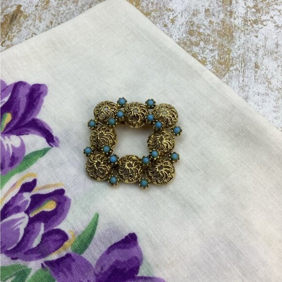 Vintage Stylish early 1950 Gold and Turquoise Brooch - Picture 5 of 6